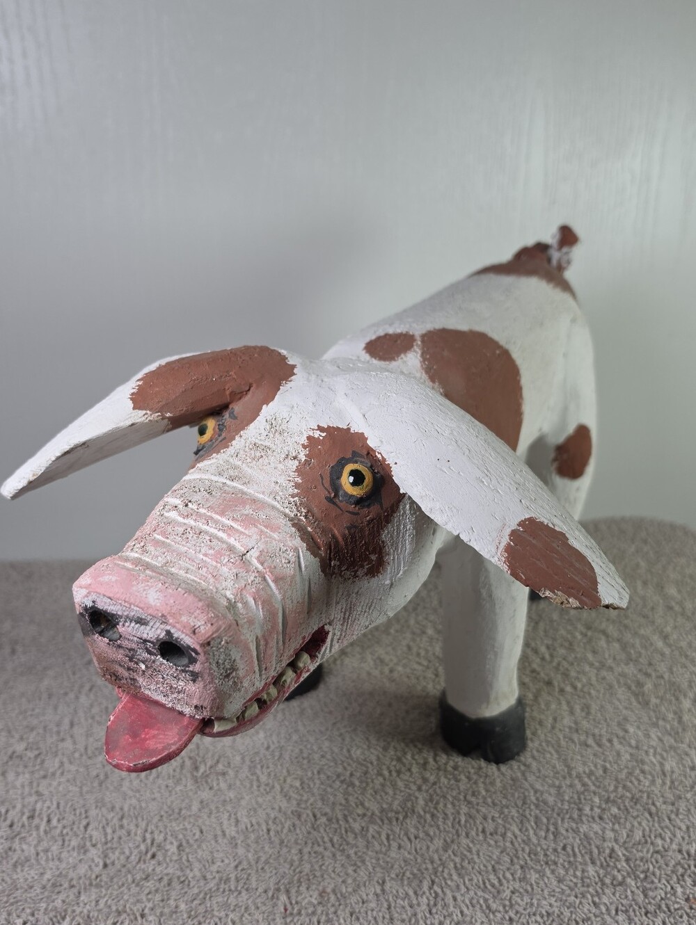 Hand-Painted Folk Art Pig Sculpture in White and Brown By Miguel Rodriguez